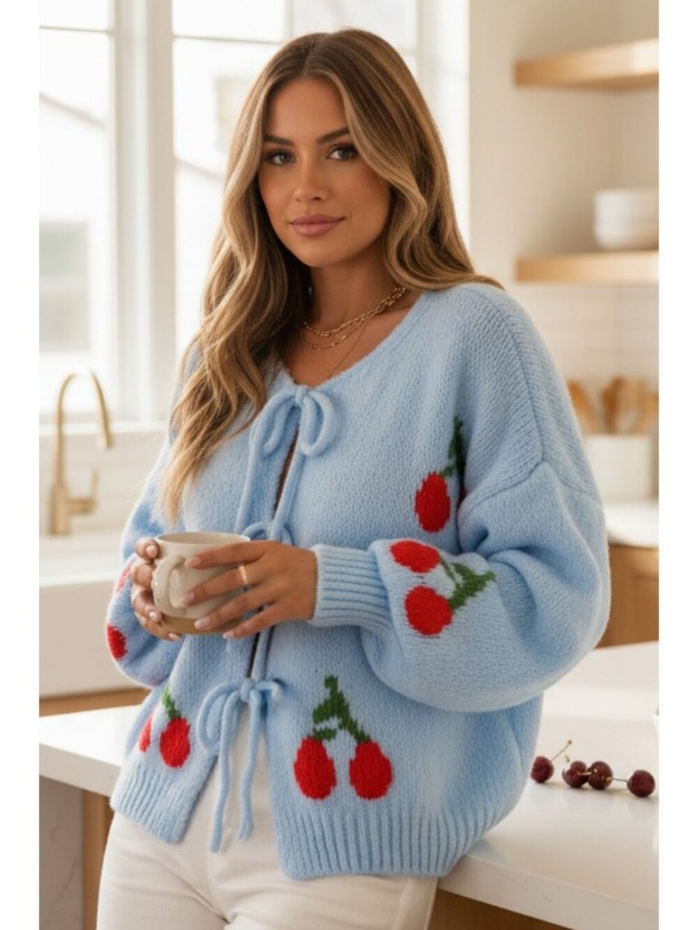 Cherry Large Bow Tie-Front Oversized Knit Cardigan Balloon Sleeve Boxy Sweater